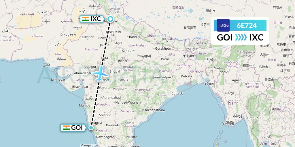 6E724 IndiGo Airlines Flight Map: Goa to Chandigarh