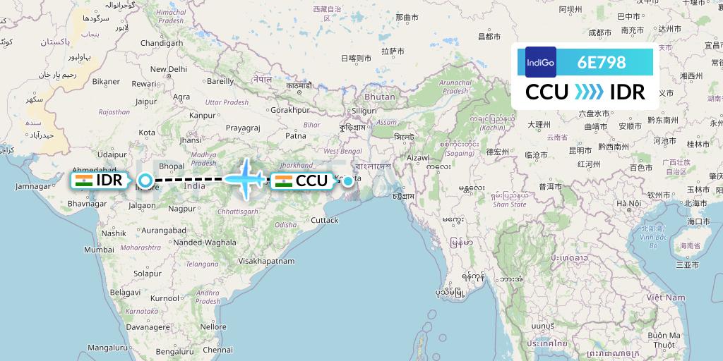 6E798 IndiGo Airlines Flight Map: Kolkata to Indore