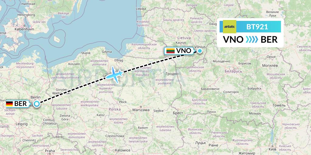BT921 Air Baltic Flight Map: Vilnius to Berlin