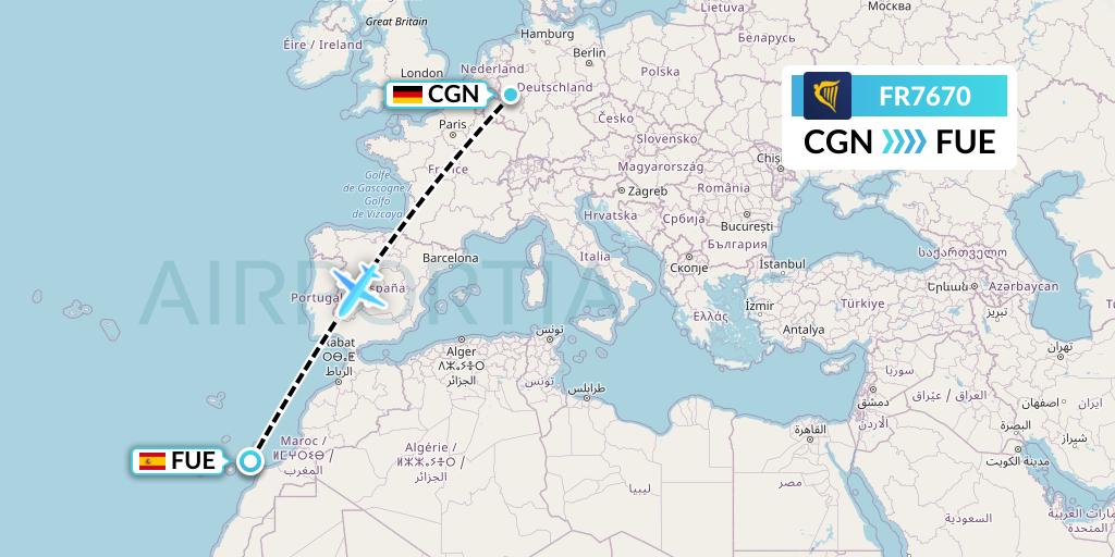 FR7670 Ryanair Flight Map: Cologne to Fuerteventura
