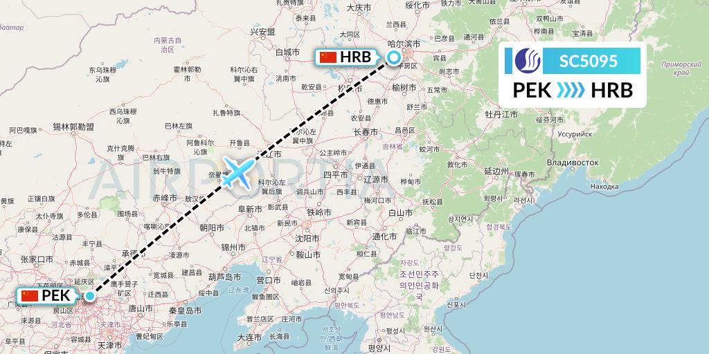 SC5095 Shandong Airlines Flight Map: Beijing to Harbin