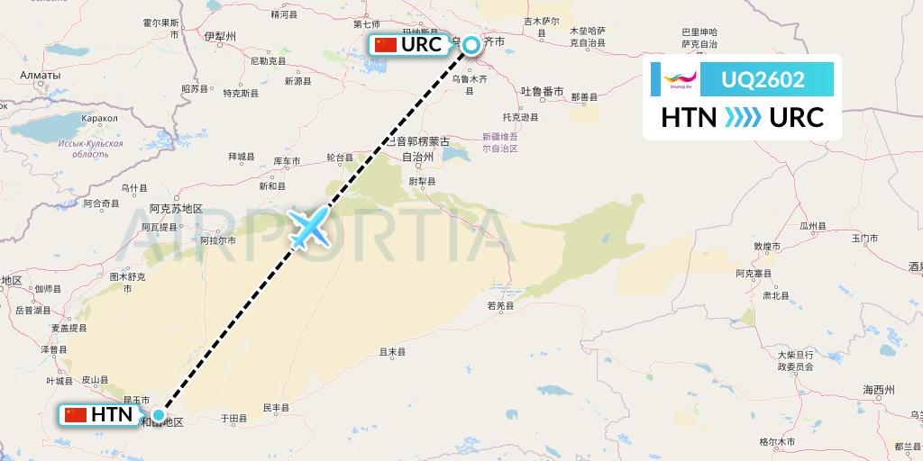 UQ2602 Urumqi Airlines Flight Map: Hotan to Urumqi