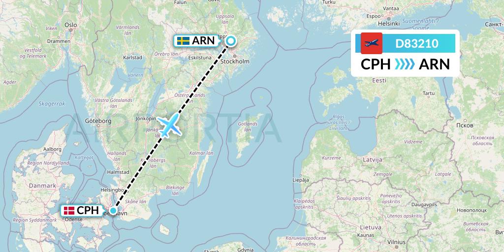 D83210 Norwegian Air International Flight Map: Copenhagen to Stockholm