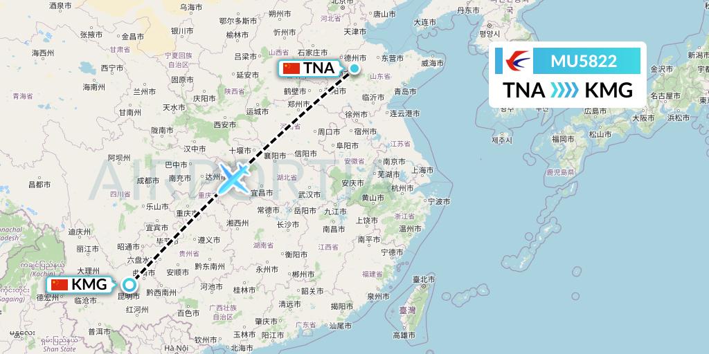 MU5822 China Eastern Airlines Flight Map: Jinan to Kunming