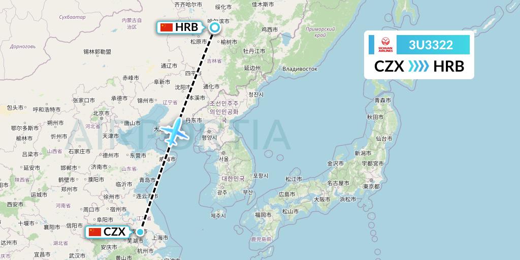 3U3322 Sichuan Airlines Flight Map: Changzhou to Harbin