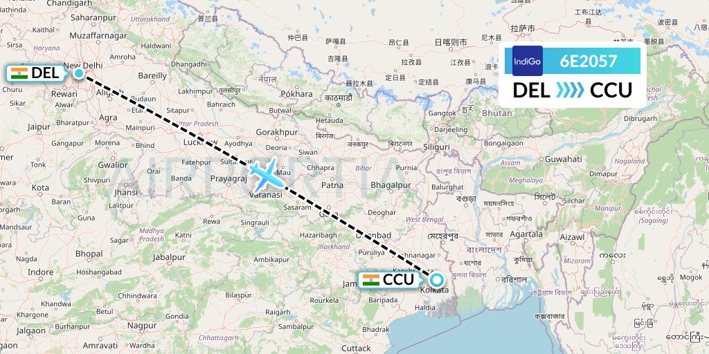 6E2057 IndiGo Airlines Flight Map: Delhi to Kolkata