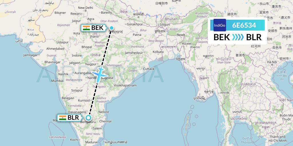 6E6534 IndiGo Airlines Flight Map: Bareli to Bangalore