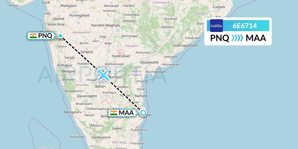 6E6714 IndiGo Airlines Flight Map: Pune to Chennai