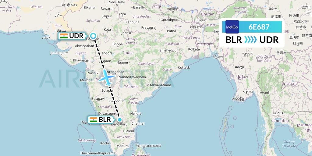 6E687 IndiGo Airlines Flight Map: Bangalore to Udaipur