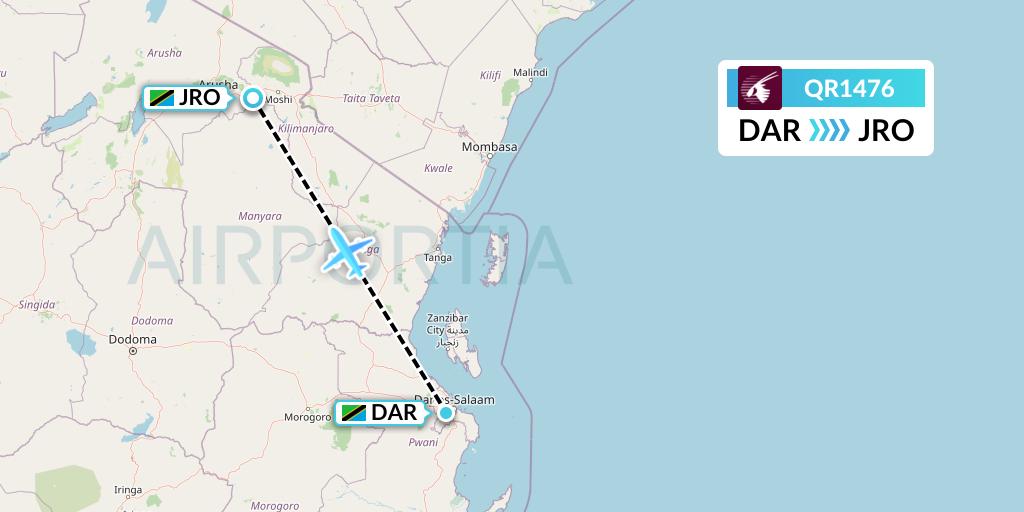 QR1476 Qatar Airways Flight Map: Dar-es-Salaam to Kilimanjaro