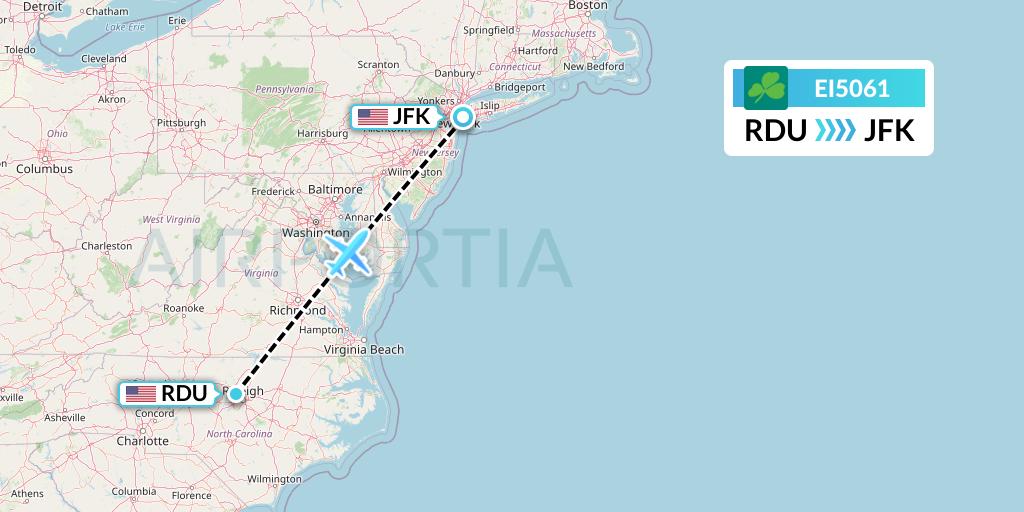 EI5061 Aer Lingus Flight Map: Raleigh-Durham to New York