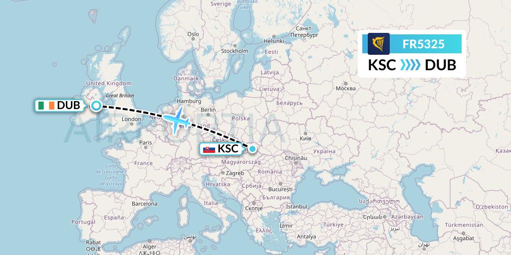 FR5325 Ryanair Flight Map: Kosice to Dublin