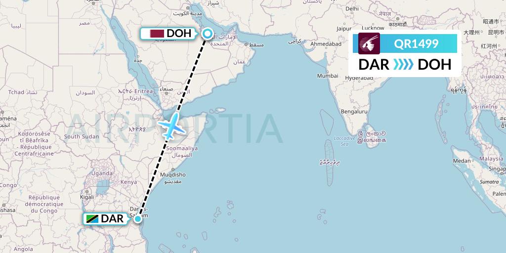 QR1499 Qatar Airways Flight Map: Dar-es-Salaam to Doha