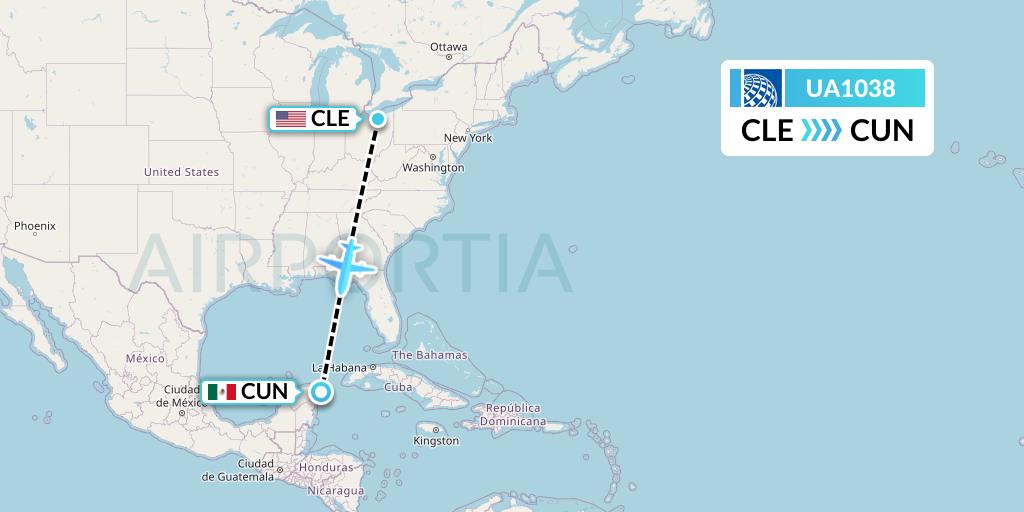 UA1038 United Airlines Flight Map: Cleveland to Cancun