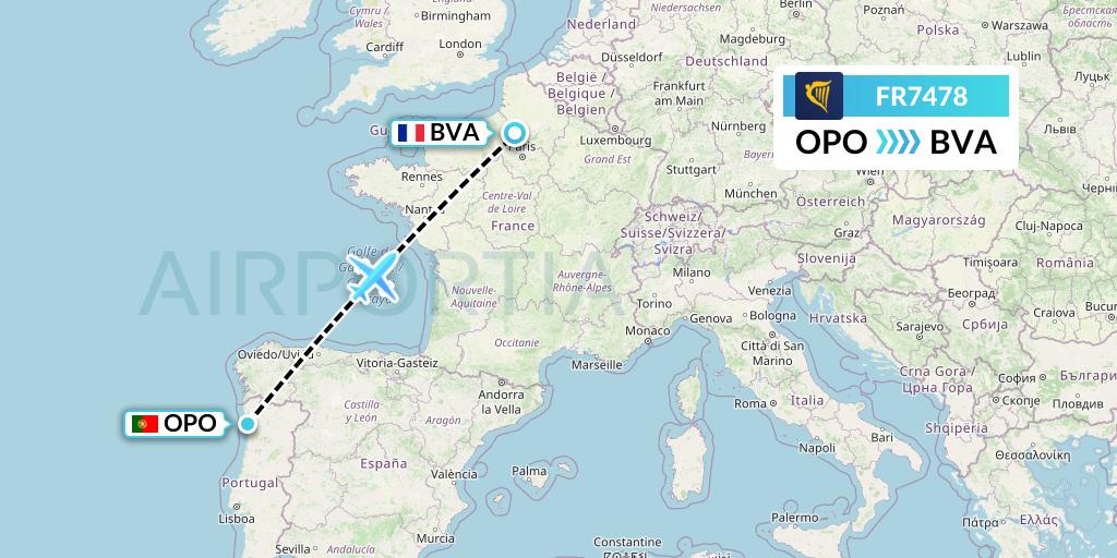 FR7478 Ryanair Flight Map: Porto to Paris