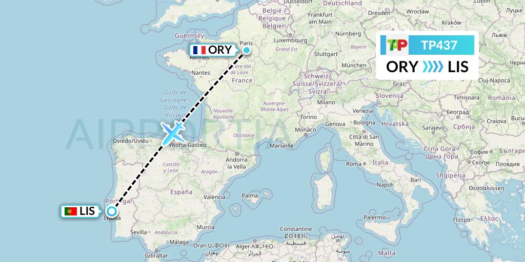 TP437 TAP Portugal Flight Map: Paris to Lisbon