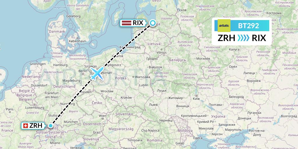 BT292 Air Baltic Flight Map: Zurich to Riga