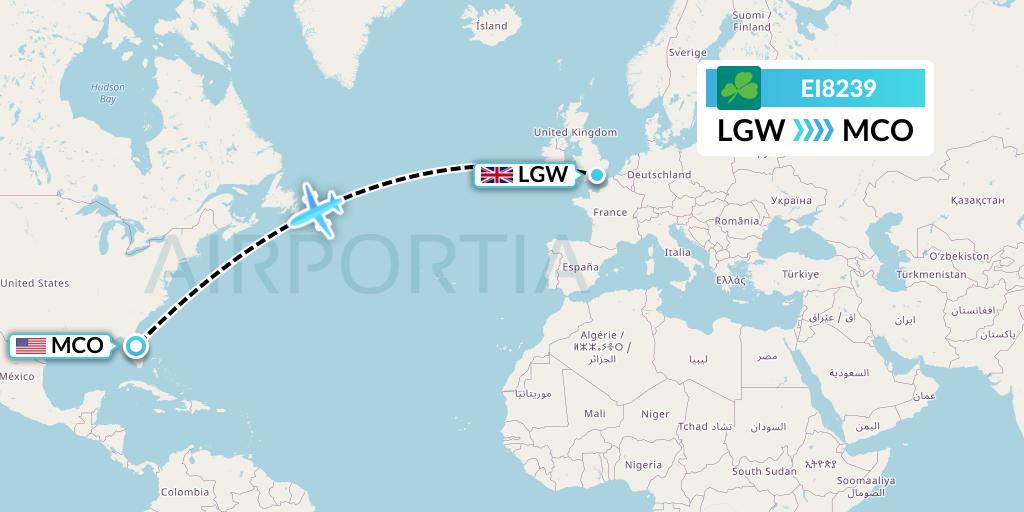EI8239 Aer Lingus Flight Map: London to Orlando