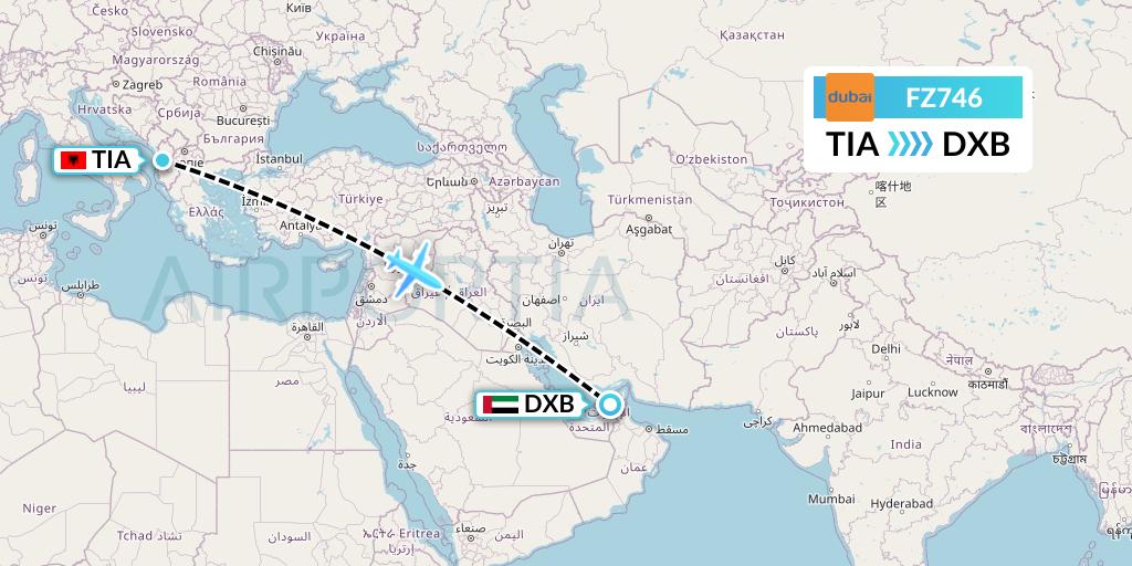 FZ746 FlyDubai Flight Map: Tirana to Dubai