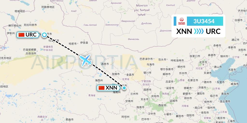 3U3454 Sichuan Airlines Flight Map: Xining to Urumqi