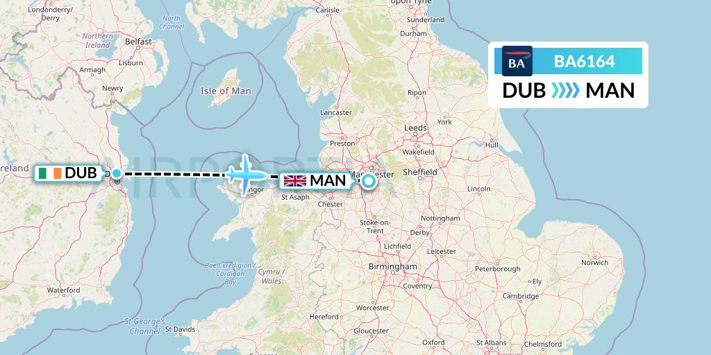 BA6164 British Airways Flight Map: Dublin to Manchester