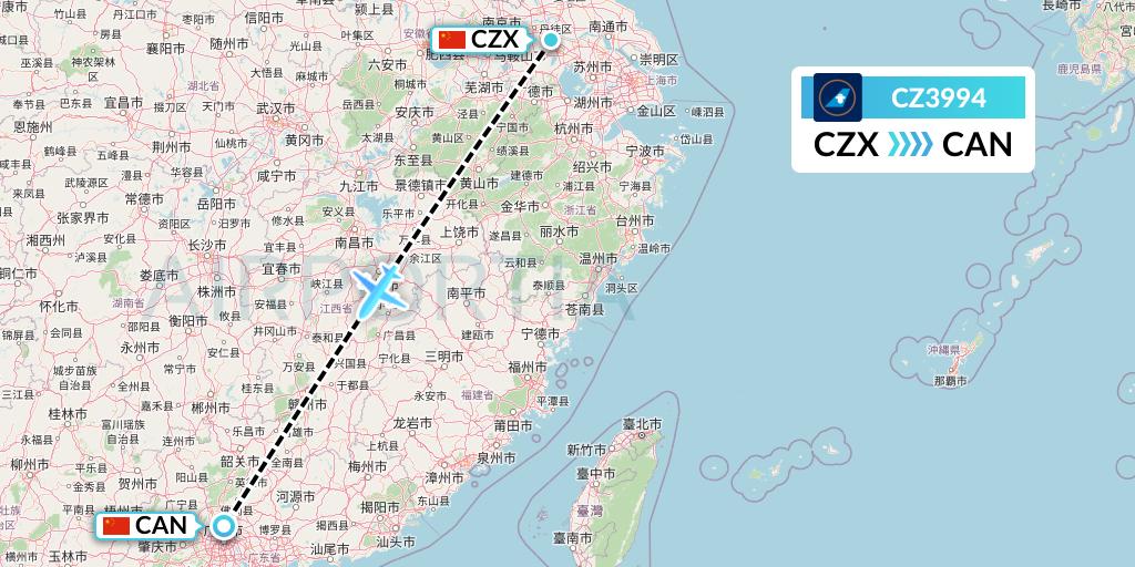 CZ3994 China Southern Airlines Flight Map: Changzhou to Guangzhou