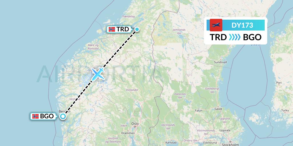DY173 Norwegian Flight Map: Trondheim to Bergen
