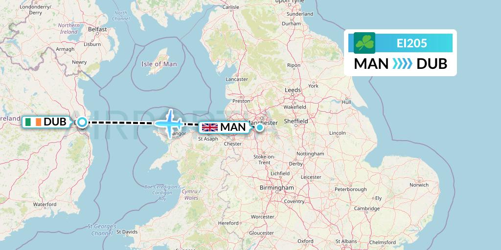 EI205 Aer Lingus Flight Map: Manchester to Dublin