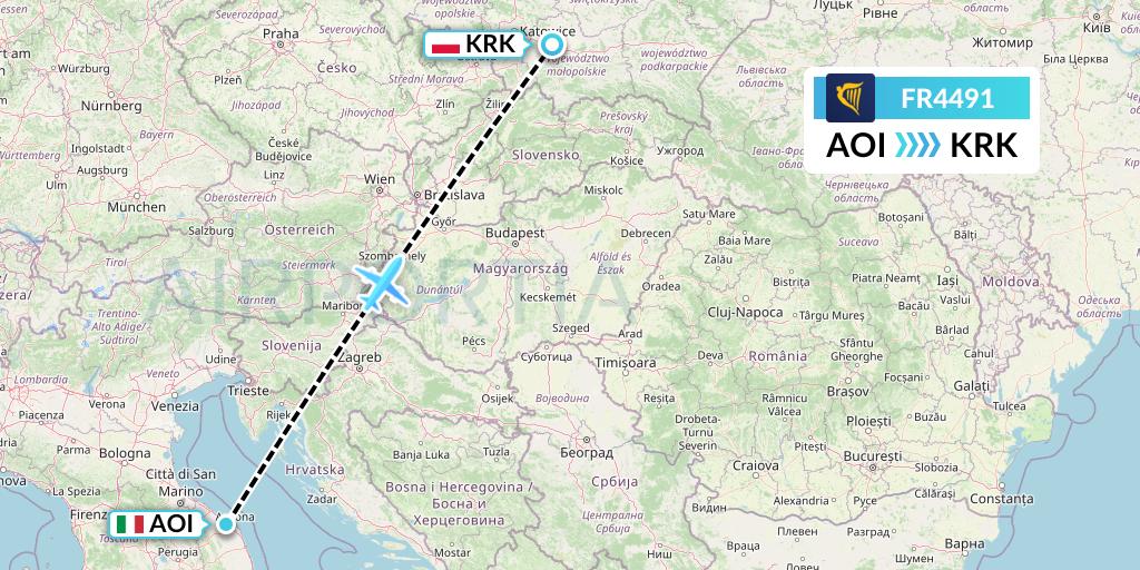 FR4491 Ryanair Flight Map: Ancona to Krakow