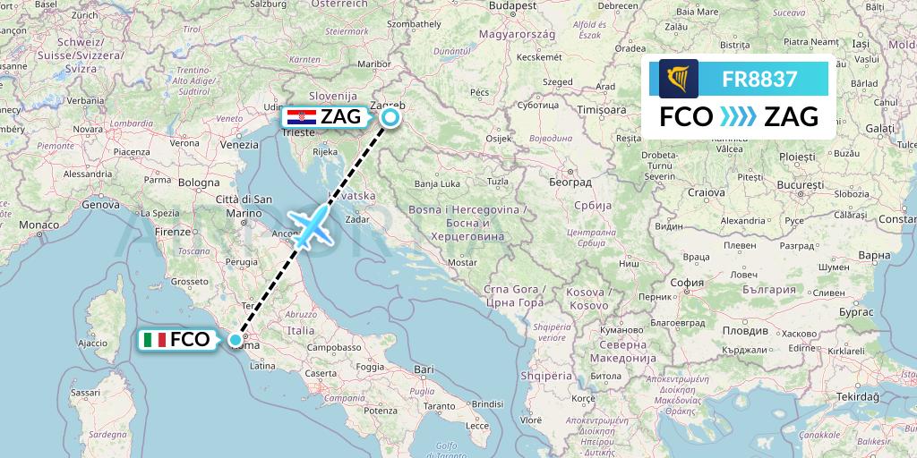 FR8837 Ryanair Flight Map: Rome to Zagreb