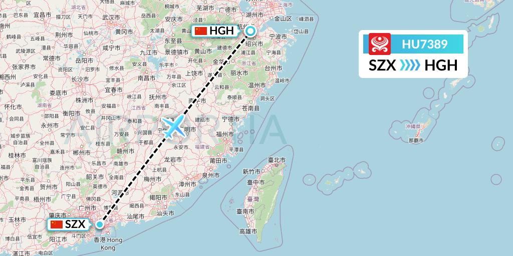 HU7389 Hainan Airlines Flight Map: Shenzhen to Hangzhou