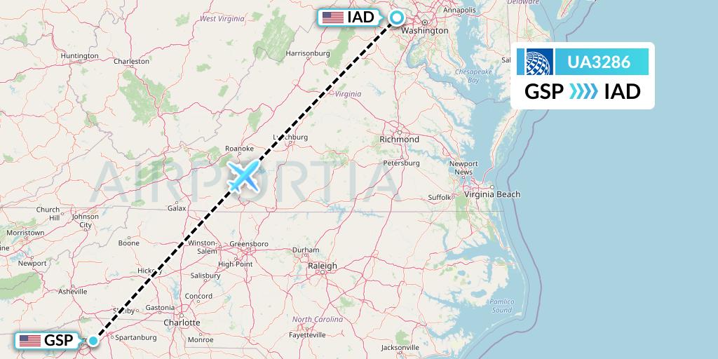 UA3286 United Airlines Flight Map: Greenville-Spartanburg to Washington