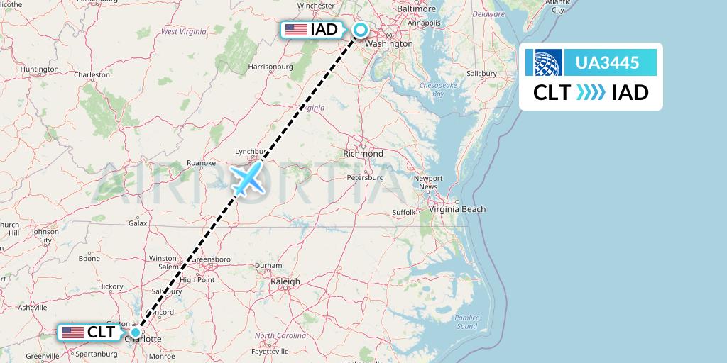 UA3445 United Airlines Flight Map: Charlotte to Washington