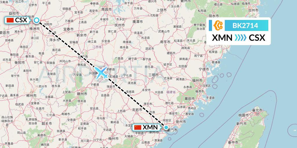 BK2714 Okay Airways Flight Map: Xiamen to Changsha