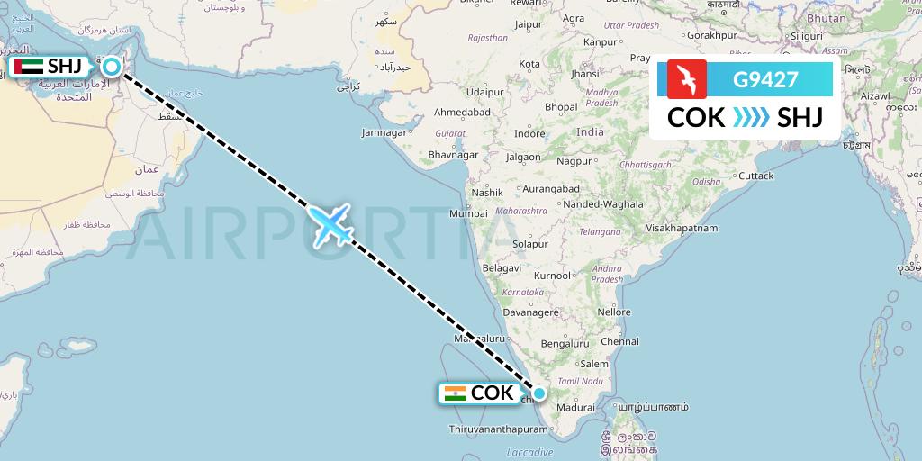 G9427 Air Arabia Flight Map: Cochin to Sharjah