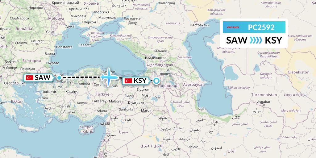 PC2592 Pegasus Airlines Flight Map: Istanbul to Kars