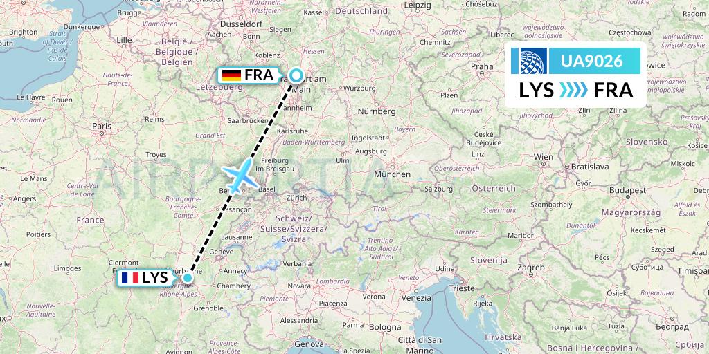 UA9026 United Airlines Flight Map: Lyon to Frankfurt