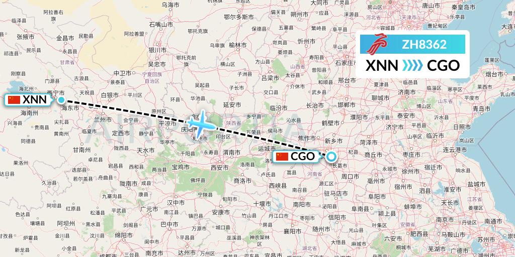 ZH8362 Shenzhen Airlines Flight Map: Xining to Zhengzhou