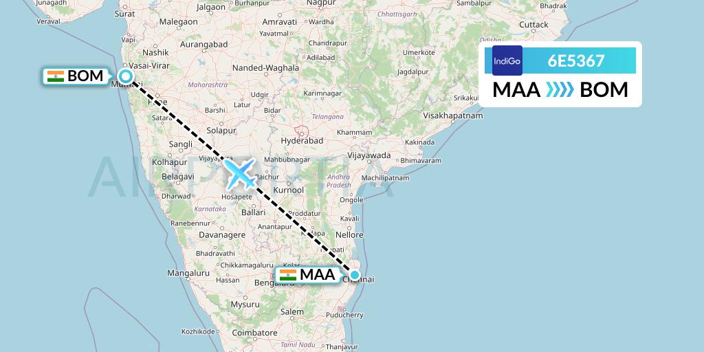 6E5367 IndiGo Airlines Flight Map: Chennai to Mumbai