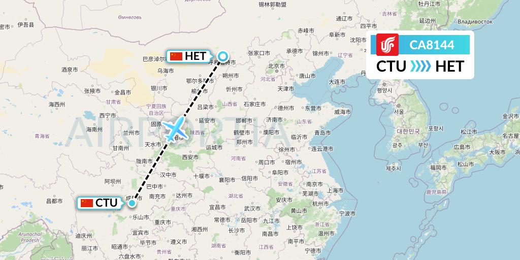 CA8144 Air China Flight Map: Chengdu to Hohhot