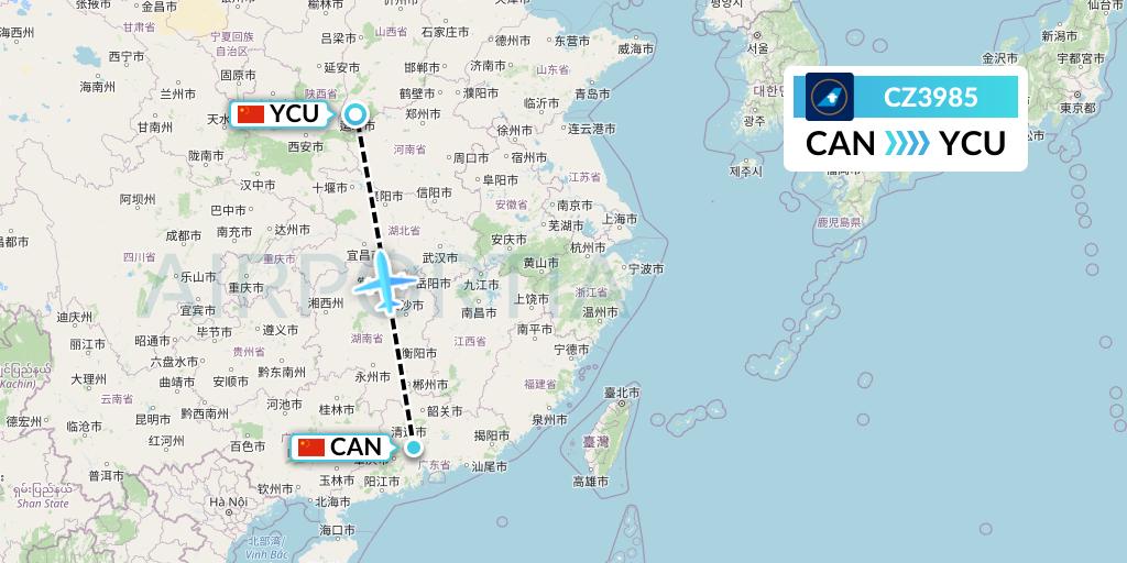 CZ3985 China Southern Airlines Flight Map: Guangzhou to Yuncheng
