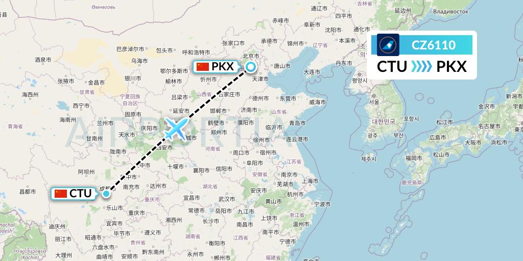 CZ6110 China Southern Airlines Flight Map: Chengdu to Beijing