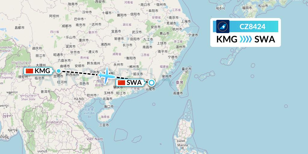 CZ8424 China Southern Airlines Flight Map: Kunming to Jieyang
