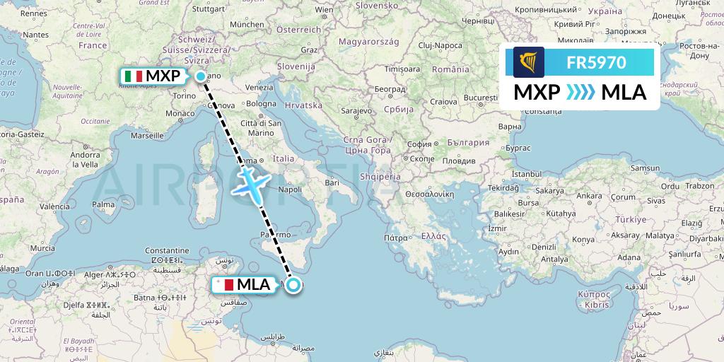 FR5970 Ryanair Flight Map: Milan to Malta