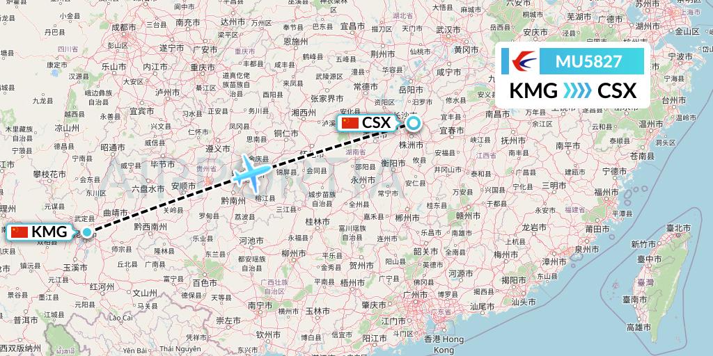 MU5827 China Eastern Airlines Flight Map: Kunming to Changsha