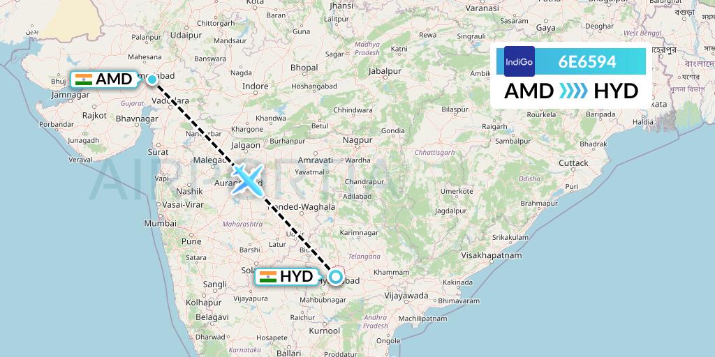 6E6594 IndiGo Airlines Flight Map: Ahmedabad to Hyderabad