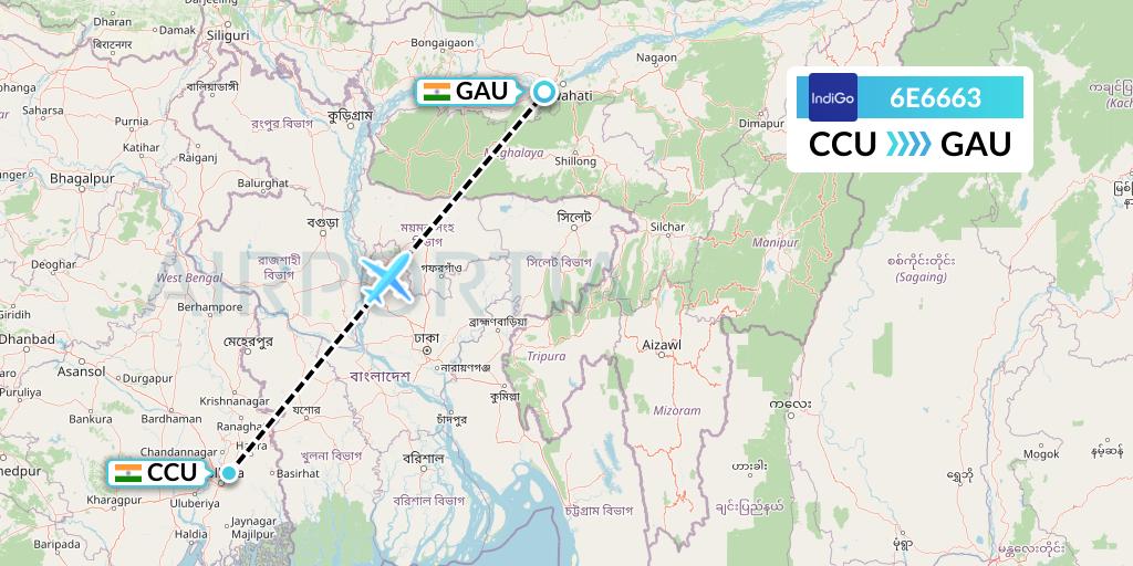 6E6663 IndiGo Airlines Flight Map: Kolkata to Guwahati