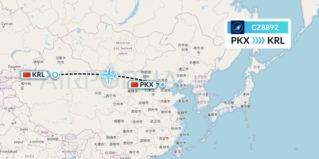 CZ8892 China Southern Airlines Flight Map: Beijing to Korla