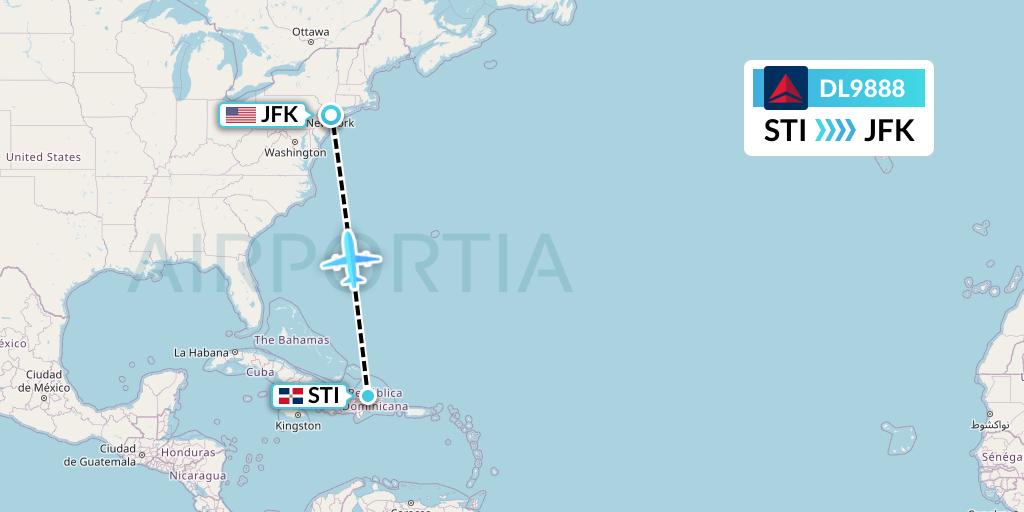 DL9888 Delta Air Lines Flight Map: Santiago de los Caballeros to New York