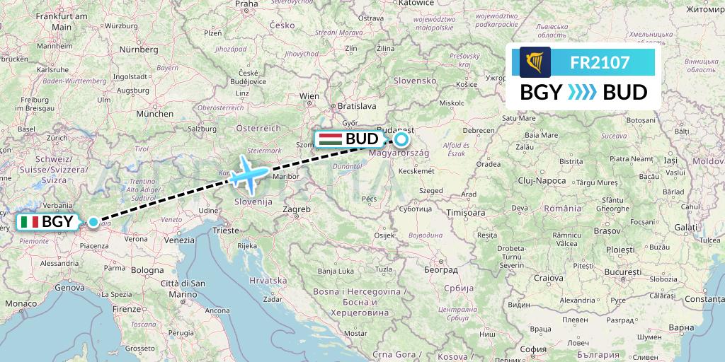 FR2107 Ryanair Flight Map: Milan to Budapest